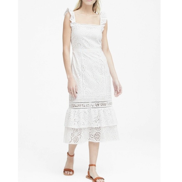 Banana Republic Eyelet Pinafore Dress Midi White Lace Ruffle Square Neck Size 2 - Picture 1 of 11